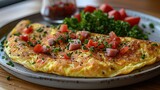 A hearty omelette filled with cheese, ham, and bell peppers..stock photo