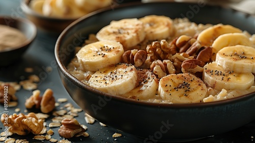 A bowl of oatmeal topped with sliced bananas, walnuts, and a sprinkle of cinnamon..illustration