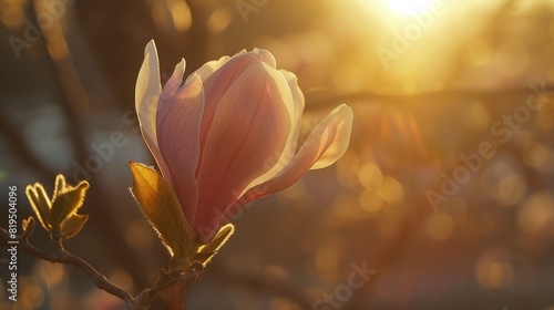 A tender moment captured as sunlight caresses a delicate magnolia blossom. photo