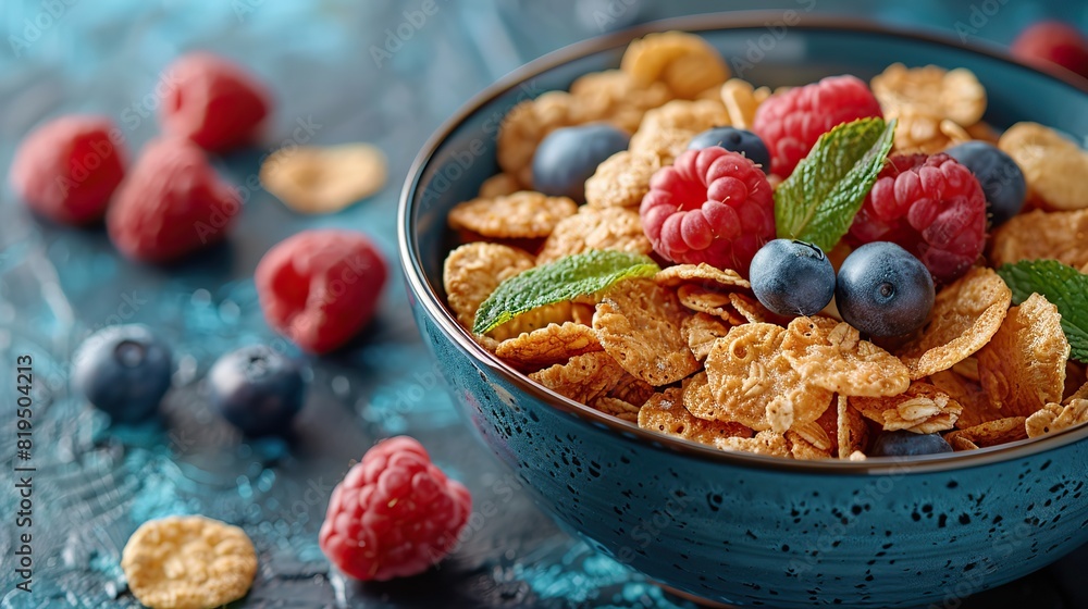 A bowl of cereal with milk and fresh fruit on the side..illustration graphic A bowl of cereal with milk and fresh fruit on the side..illustration graphic