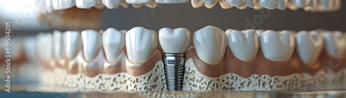 Close-up of a dental implant model showcasing artificial teeth on a jawbone structure for dental education and practice. photo