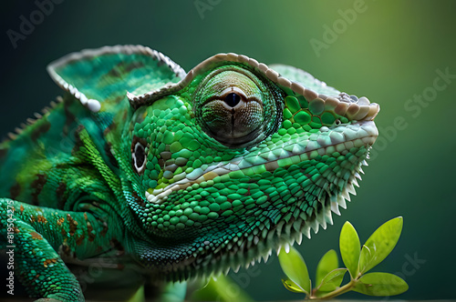 Rainbow Colour Chameleon closeup at plain Teal background , Chameleon Sitting ,nature ,reptile ,lizard ,dragon , animal ,green , branch ,illustration. © Zigma Arts