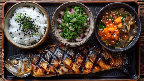 A traditional Japanese breakfast with rice, grilled fish, miso soup, and pickled vegetables..stock photo