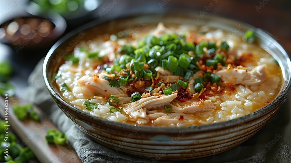 A bowl of rice porridge (congee) with shredded chicken and scallions..illustration