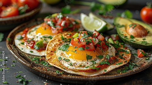 A plate of huevos rancheros with tortillas, eggs, salsa, and avocado..illustration graphic photo