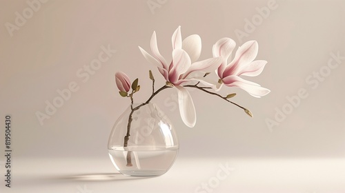 A transparent glass vase showcases the elegance of a blooming magnolia.