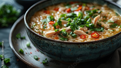 A bowl of rice porridge (congee) with shredded chicken and scallions..stock photo