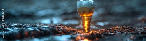 Golden light bulb sprouting from soil symbolizes innovative ideas and growth, captured in high definition macro photography at twilight. photo