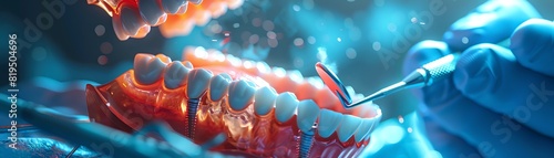 Close-up of a dental model with a dentist working on it, illuminated by bright blue light in a dental clinic setting. photo