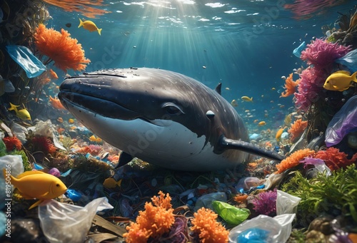 Marine Conservation  Whale in Plastic-Laden Ocean Amid Diverse Coral Reef Life