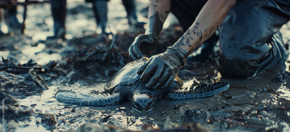 Obraz premium Caring people help a small turtle stuck in oil. A group of volunteers rescue wild animals on a polluted coast after an oil spill