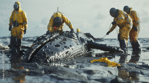 Fototapeta Naklejka Na Ścianę i Meble -  Group of environmental volunteers helps a dying beached whale to get rid of oil. Scene is grim and serious as people focus on saving a wild animal