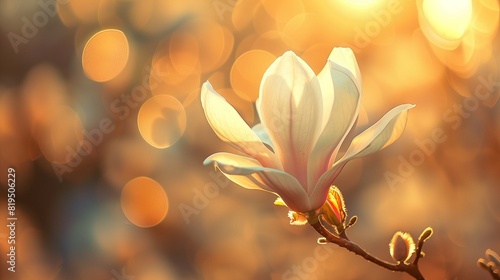 Tranquil ambiance as sunlight dances on a solitary magnolia blossom.