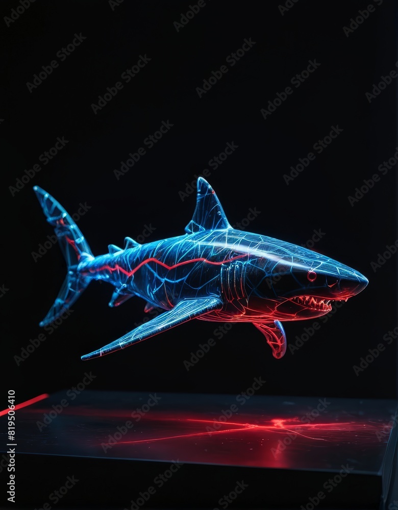 A neon shark wireframe glides over a black marbled background illuminated by red and blue lights. A neon shark wireframe glides over a black marbled background illuminated by red and blue lights.