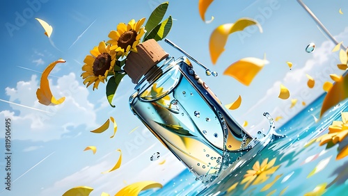 水の上に浮く綺麗な瓶の上に黄色い花が咲き花びら舞うイラスト photo