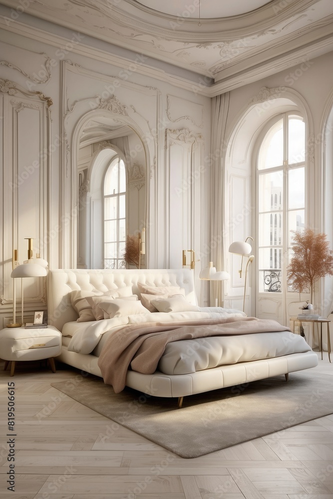 Fototapeta premium Contemporary Urban Bedroom Oasis with White Aesthetic
