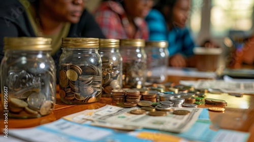 Jars filled with coins and bills on a table, with people in the background, illustrating collaborative financial planning and savings in a community setting. 