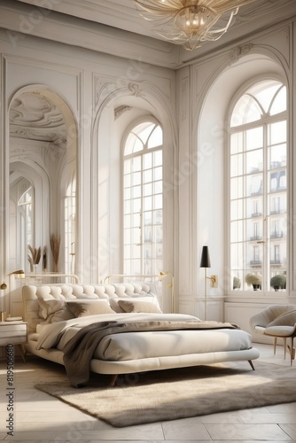Luxurious Parisian Bedroom with Elegant Chandelier and Arched Windows © Canh