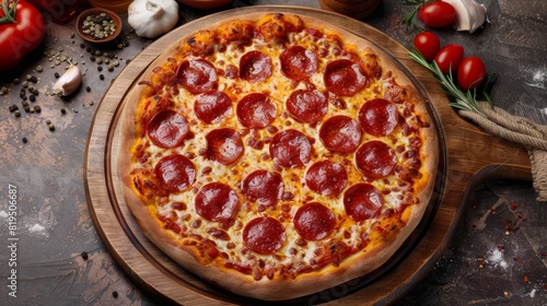 pizza pepperoni with meat sausage and double cheese fast food Takeaway ready to eat portion on the