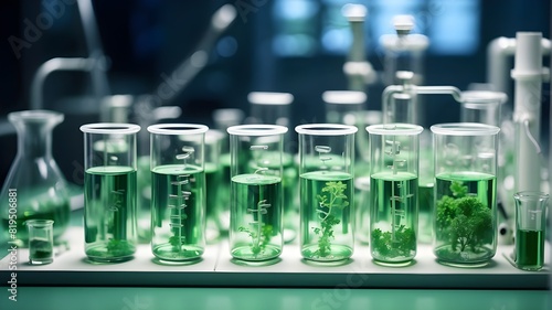 Test tubes and research with advanced green biotechnology in a laboratory setting. AI generation photo