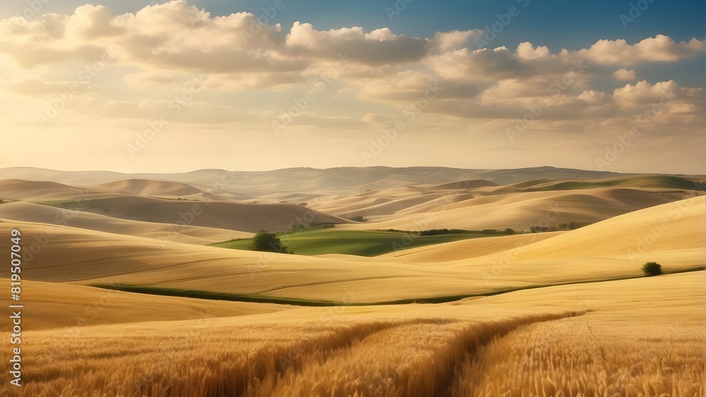 A picturesque countryside with rolling hills and fields of golden wheat, captured in HD