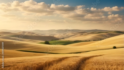 A picturesque countryside with rolling hills and fields of golden wheat, captured in HD