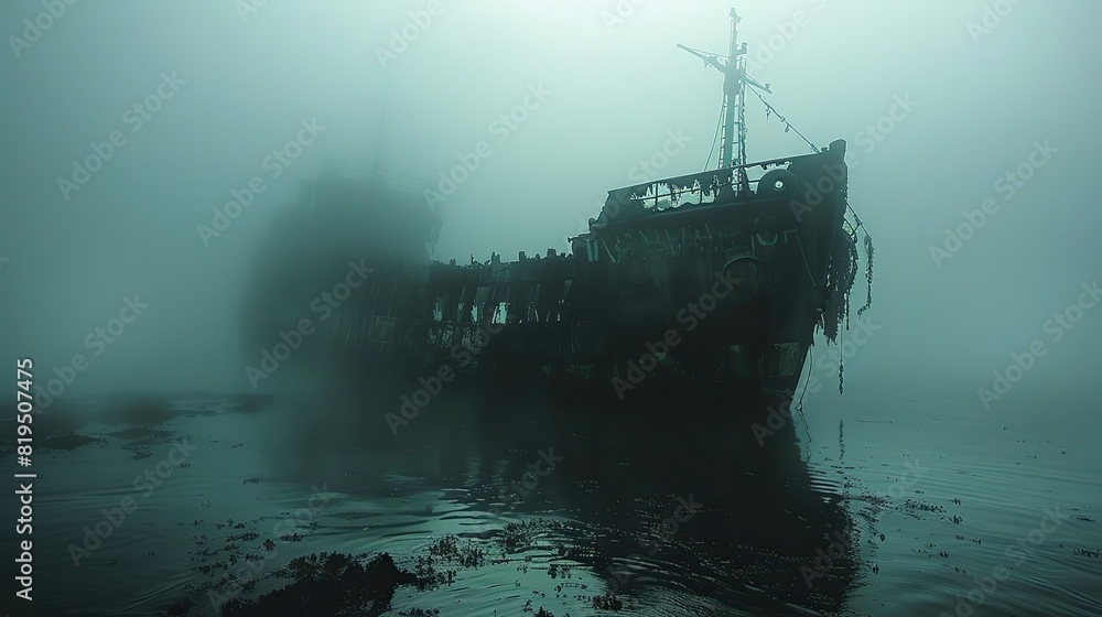 The eerie outline of a ship, visible through the murky water..stock photo The eerie outline of a ship, visible through the murky water..stock photo