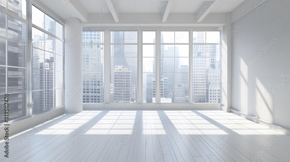 Fototapeta premium Front view of an office interior with a row of dark wood tables standing under large windows