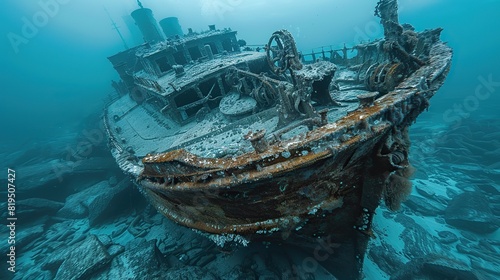 The remains of a shipwreck  scattered across a rocky seabed..stock image