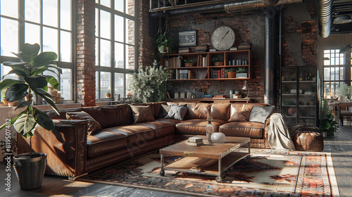 Industrial loft living room with a leather sofa and a worn leather throw pillow.