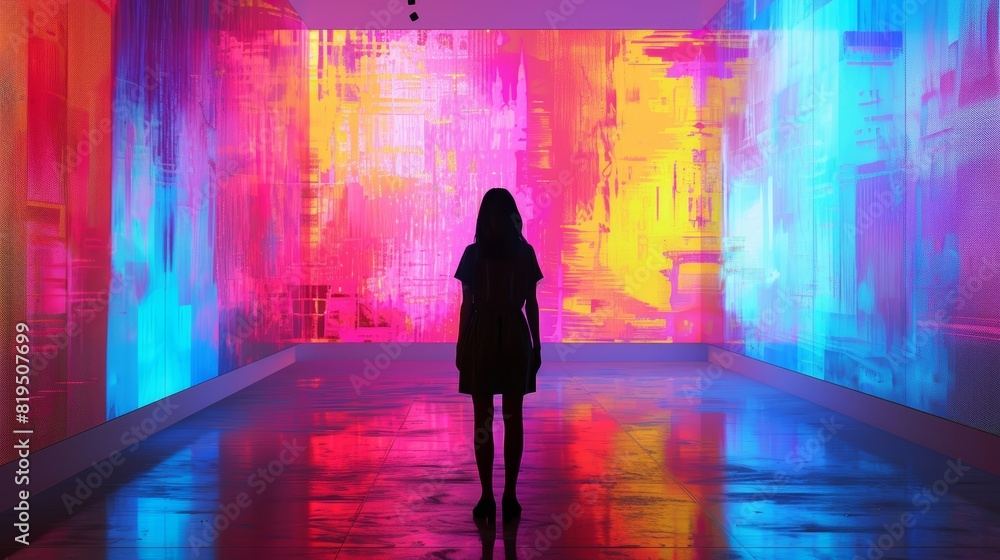 Silhouette of a person standing in a brightly lit, colorful gallery with abstract digital art on the walls. Silhouette of a person standing in a brightly lit, colorful gallery with abstract digital art on the walls.