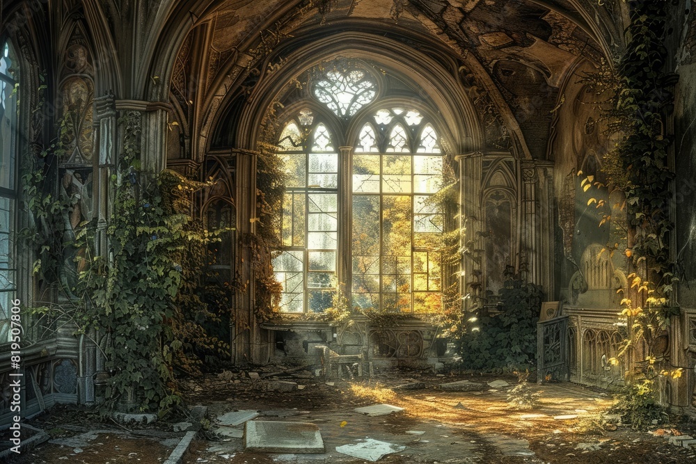 An abandoned gothic room with broken windows, ivy and plants growing through the walls, sunlight streaming in from an arched window, ornate details on the wall paintings, fantasy art style