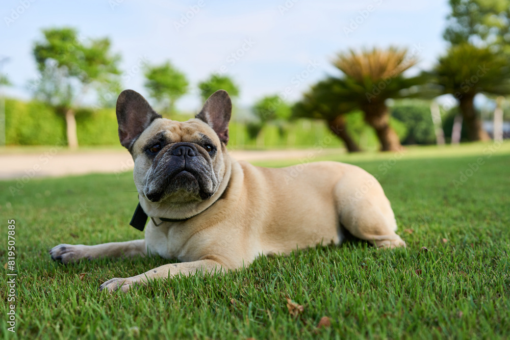 Obraz premium dog in alertness lying at field.