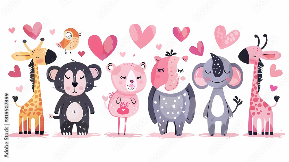 Obraz premium Funny Animal in Love Feel Passion at Valentine Day ,A set of cute cartoon animals. Vector flat images of animals for postcards, invitations, textiles, thermal printing