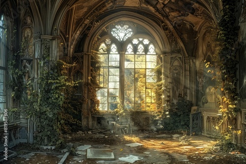 An abandoned gothic room with broken windows, ivy and plants growing through the walls, sunlight streaming in from an arched window, ornate details on the wall paintings, fantasy art style