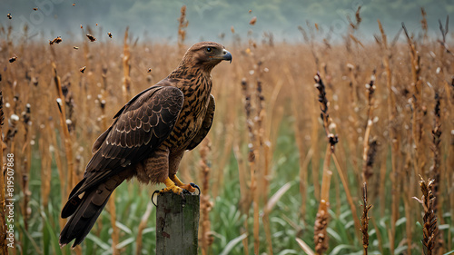 AI image generate segmentation of birds of prey in rice fields photo