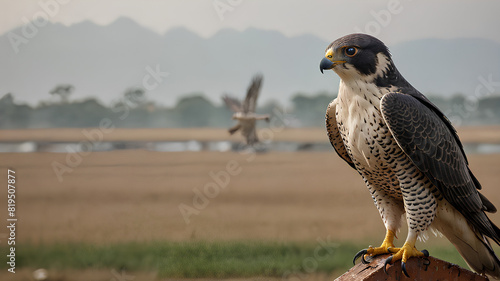 AI image generate segmentation of birds of prey in rice fields photo