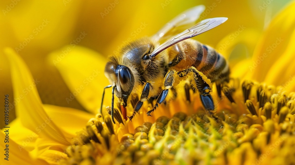 Macro Shot of Honeybee Collecting Pollen from Bright Yellow Sunflower Petals Macro Shot of Honeybee Collecting Pollen from Bright Yellow Sunflower Petals