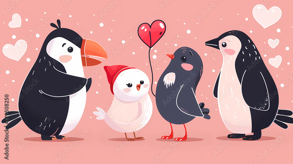 Naklejka premium Funny Animal in Love Feel Passion at Valentine Day ,A set of cute cartoon animals. Vector flat images of animals for postcards, invitations, textiles, thermal printing