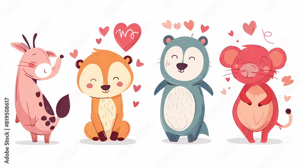 Obraz premium Funny Animal in Love Feel Passion at Valentine Day ,A set of cute cartoon animals. Vector flat images of animals for postcards, invitations, textiles, thermal printing