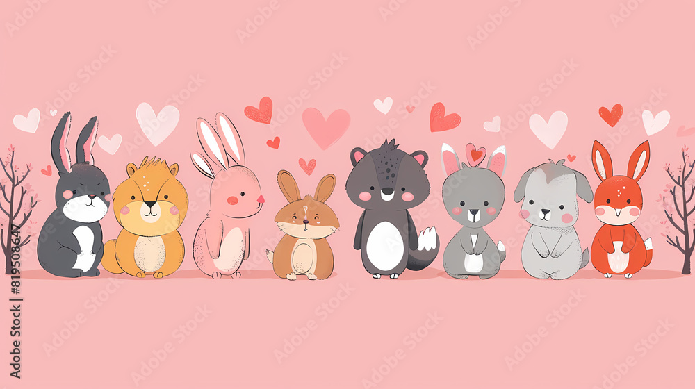 Obraz premium Funny Animal in Love Feel Passion at Valentine Day ,A set of cute cartoon animals. Vector flat images of animals for postcards, invitations, textiles, thermal printing