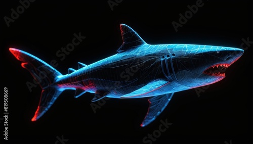 Neon Shark Wireframe Swimming Against a Black Marble Background with Red and Blue Lights © BOJOShop
