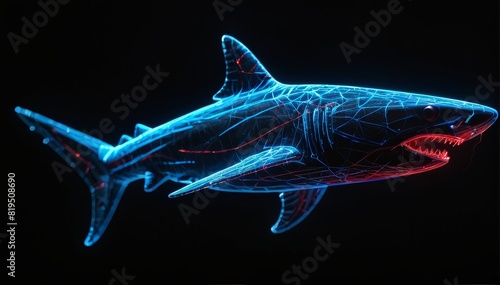 Neon Shark Wireframe Swimming Against a Black Marble Background with Red and Blue Lights