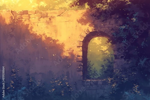 background of old buildings in the afternoon. the entrance of an ancient temple. anime illustration style