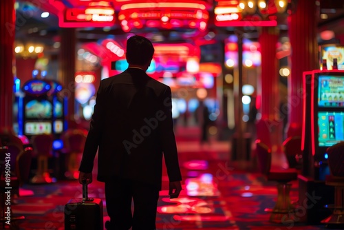 A person walking away from a casino with a briefcase of cash