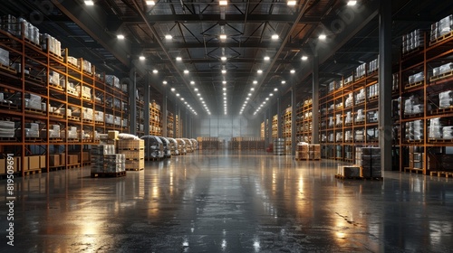 Spacious warehouse interior with high shelves fully stocked with goods, illuminated by bright overhead lighting.