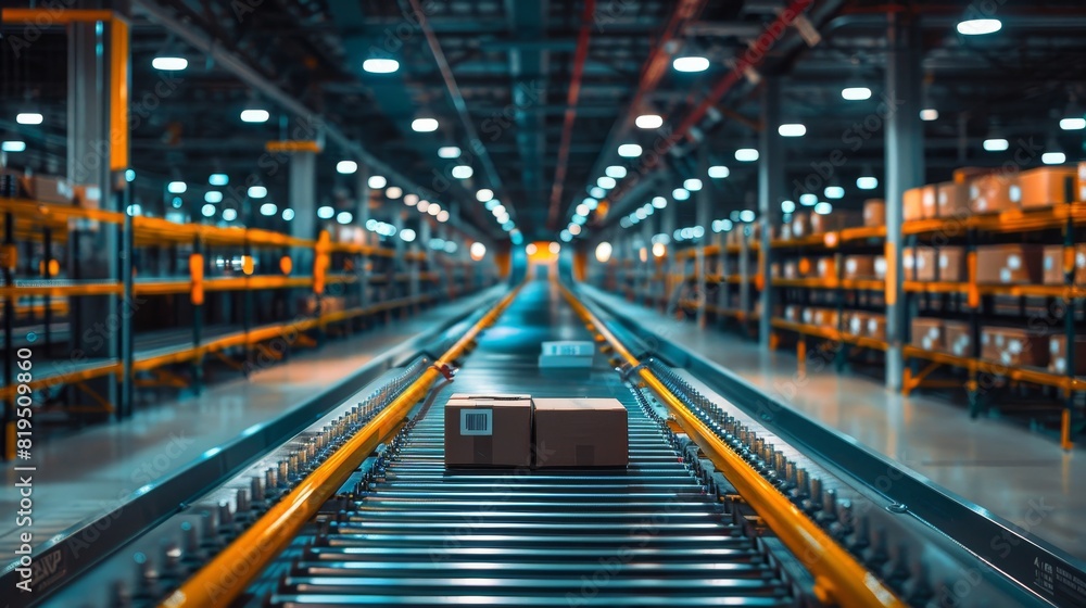 Modern automated warehouse with conveyor system and packages in transit under bright lights symbolizing efficiency in logistics. Modern automated warehouse with conveyor system and packages in transit under bright lights symbolizing efficiency in logistics.