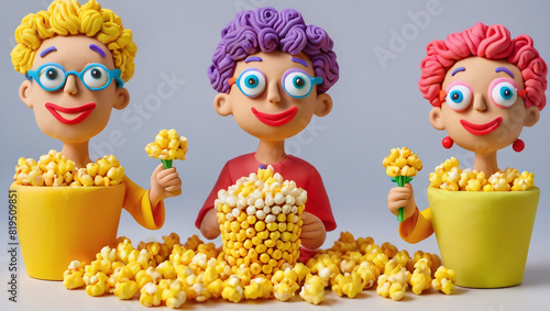 Popcorn. Funny fashionable plasticine women sit in front of a mountain of popcorn 3D photo