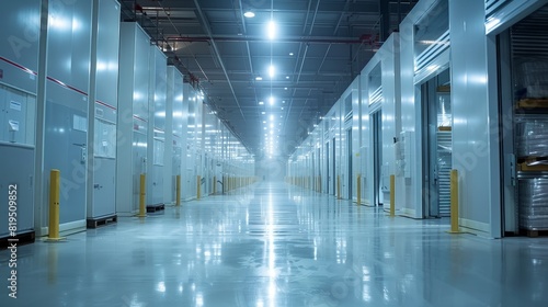 Industrial warehouse corridor with bright industrial lighting and shiny polished floor, showcasing a clean and well-organized storage area.