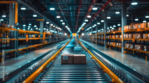 Modern automated warehouse with conveyor system and packages in transit under bright lights symbolizing efficiency in logistics.